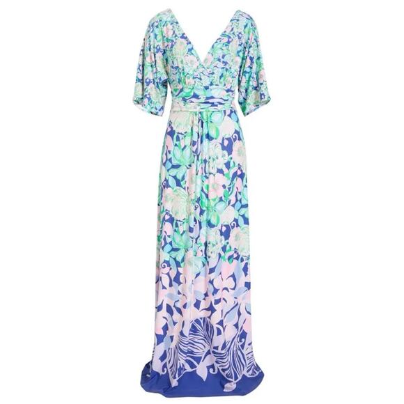 Lilly Pulitzer Parigi Maxi dress long XXS tropical vacation blue pink long wrap